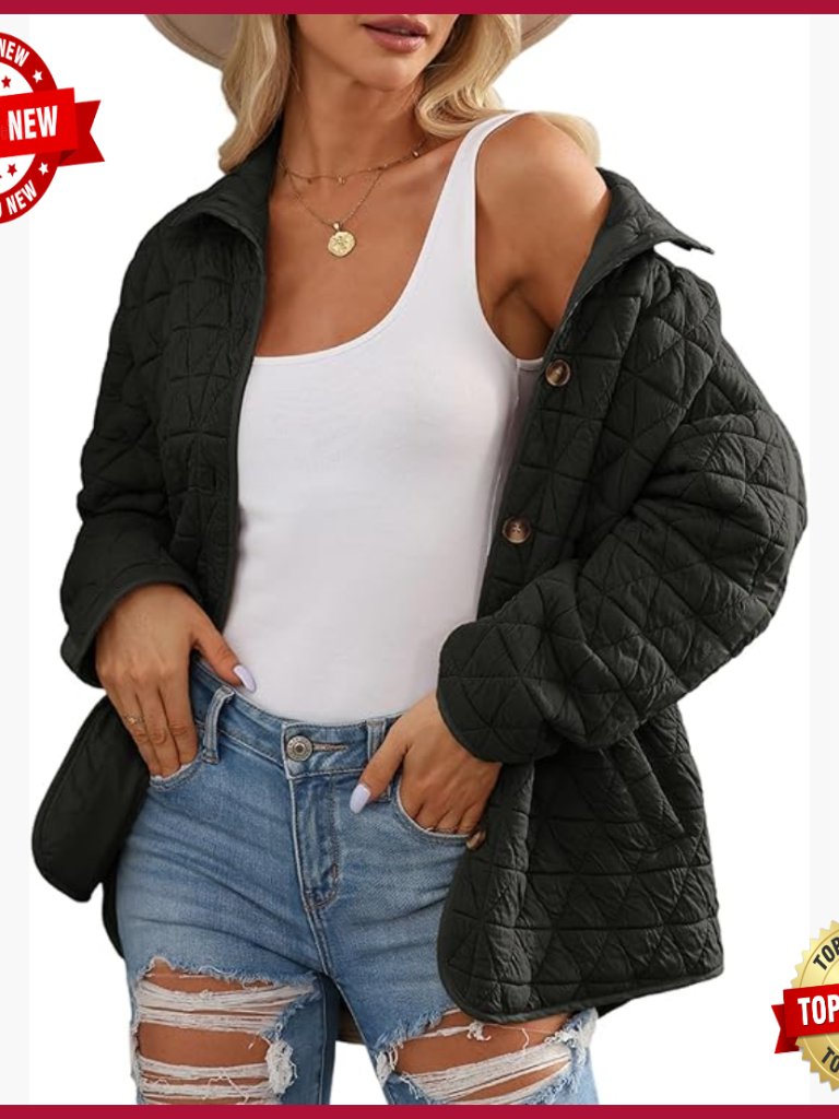 Lightweight Diamond Quilted Puffer Coat Casual Winter Open Front Button Down